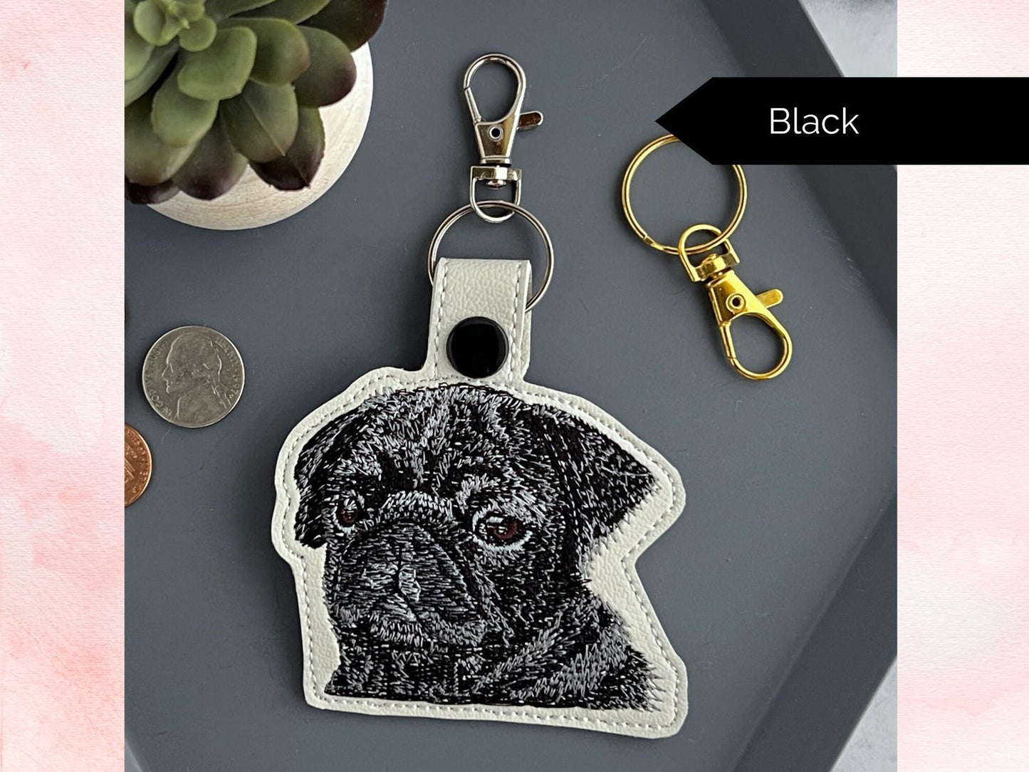 Realistic Pug Keychain: Embroidered Faux Leather Key Fob or Bag Charm, Great Gift for Dog Lover!