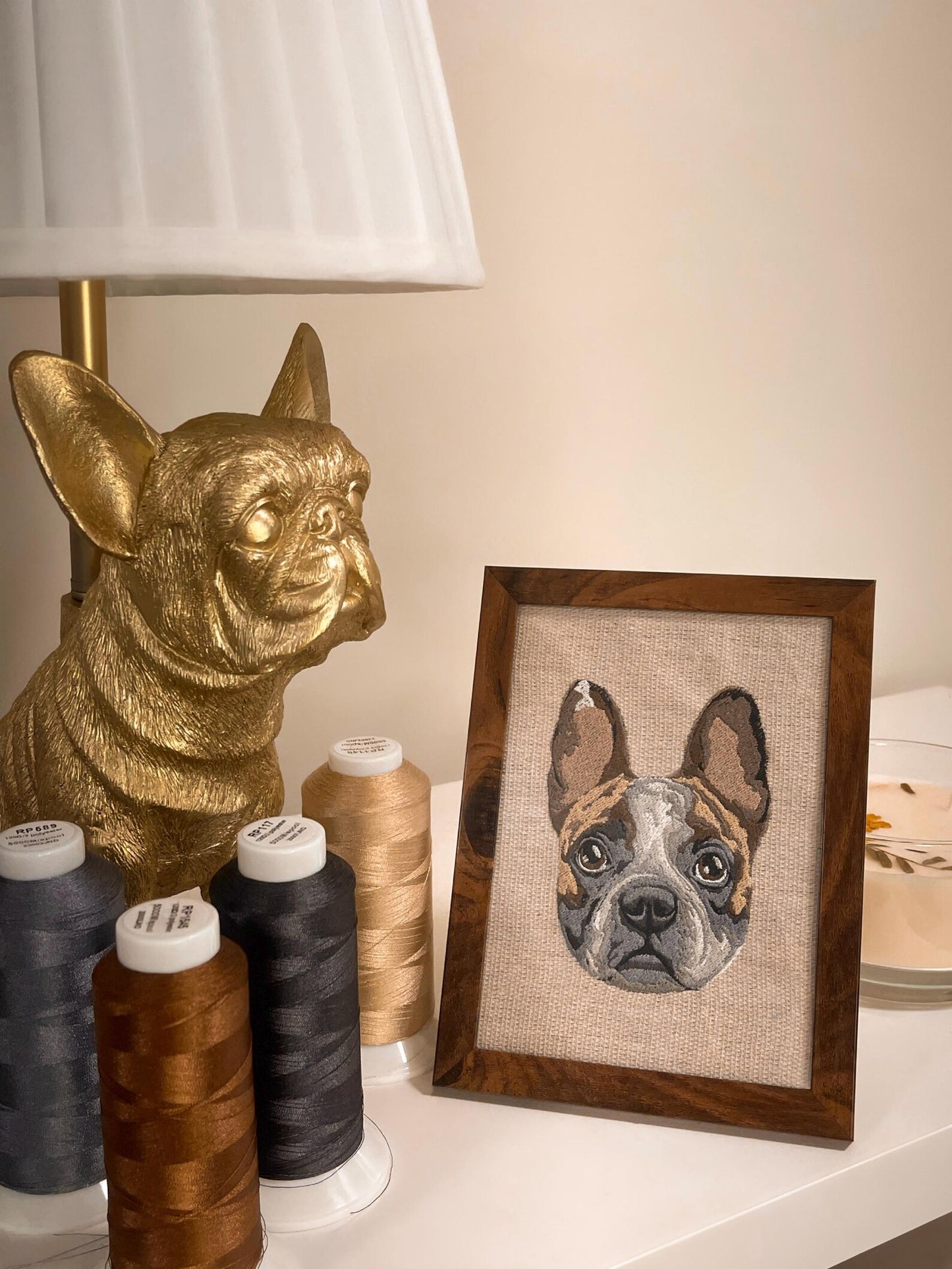 Custom Pet Portrait Embroidery in Walnut Frame - Memorial Pet Framed Art Home Decor