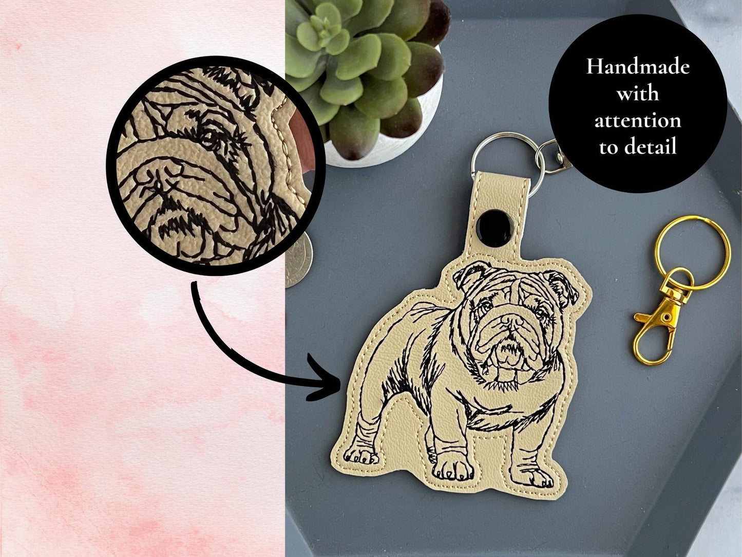 English Bulldog Sketch Portrait Keychain: Embroidered Dog Key Fob or Bag Charm, Custom Color Options, Great Gift for Pet Parent
