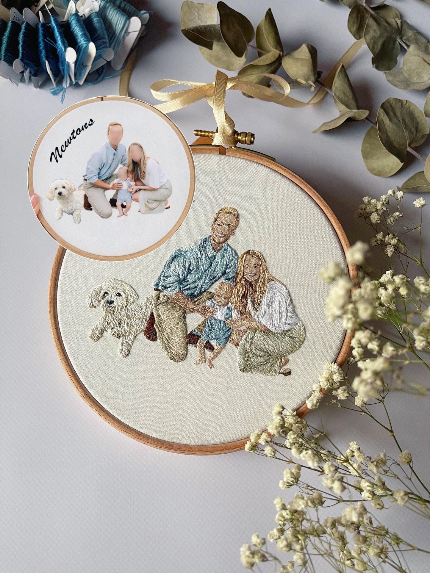 Custom embroidery family and dog hoop, family embroidery design, pet embroidery, custom dog portrait, family gift, hand embroidery portrait