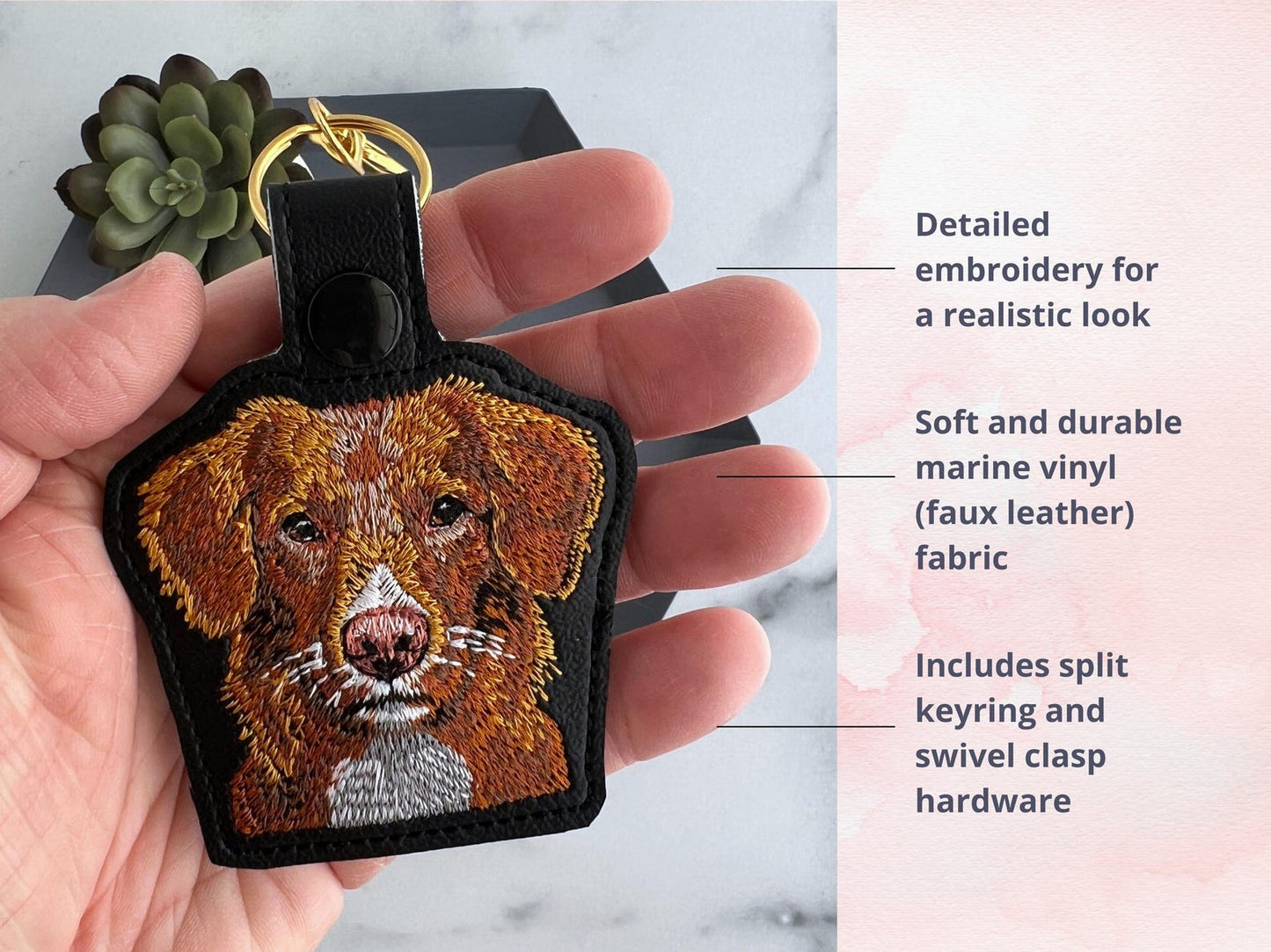 Realistic Nova Scotia Duck Tolling Retriever Keychain: Embroidered Faux Leather Key Fob or Bag Charm, Great Gift for Dog Lover!