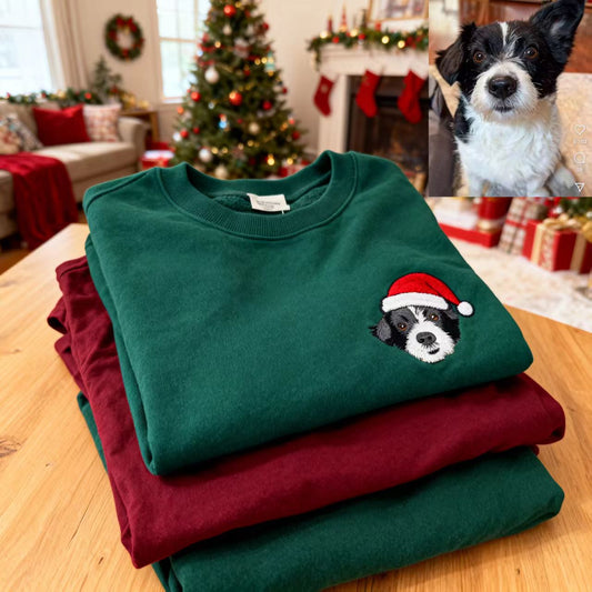 Custom Embroidered Pet Sweatshirt, Pet Face Color Portrait Santa Holiday Crewneck Sweatshirt