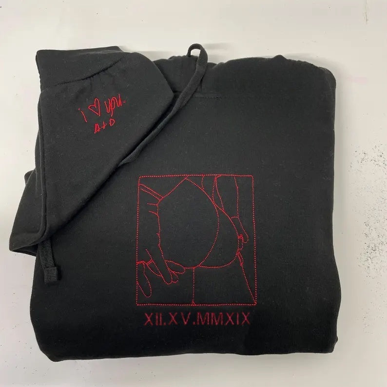 Custom Couples Hoodie with Love Embroidery - Unique Keepsake for Special Dates