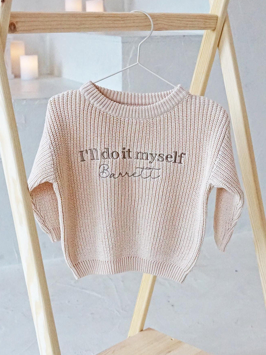 Handmade knitted sweater for babies – individually embroidered name, unisex toddler fashion
