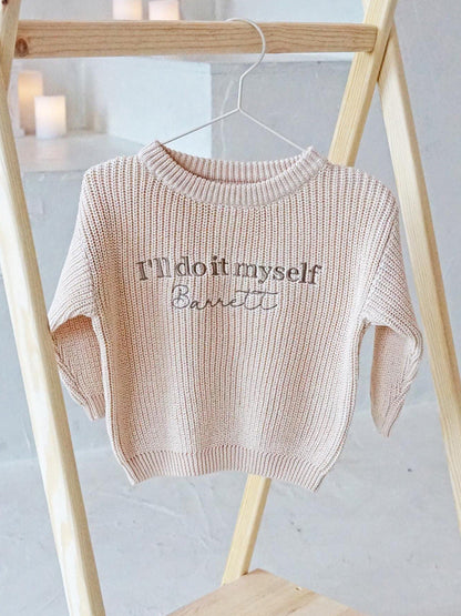 Handmade knitted sweater for babies – individually embroidered name, unisex toddler fashion
