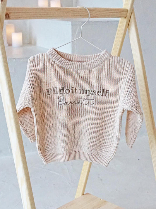 Handmade knitted sweater for babies – individually embroidered name, unisex toddler fashion