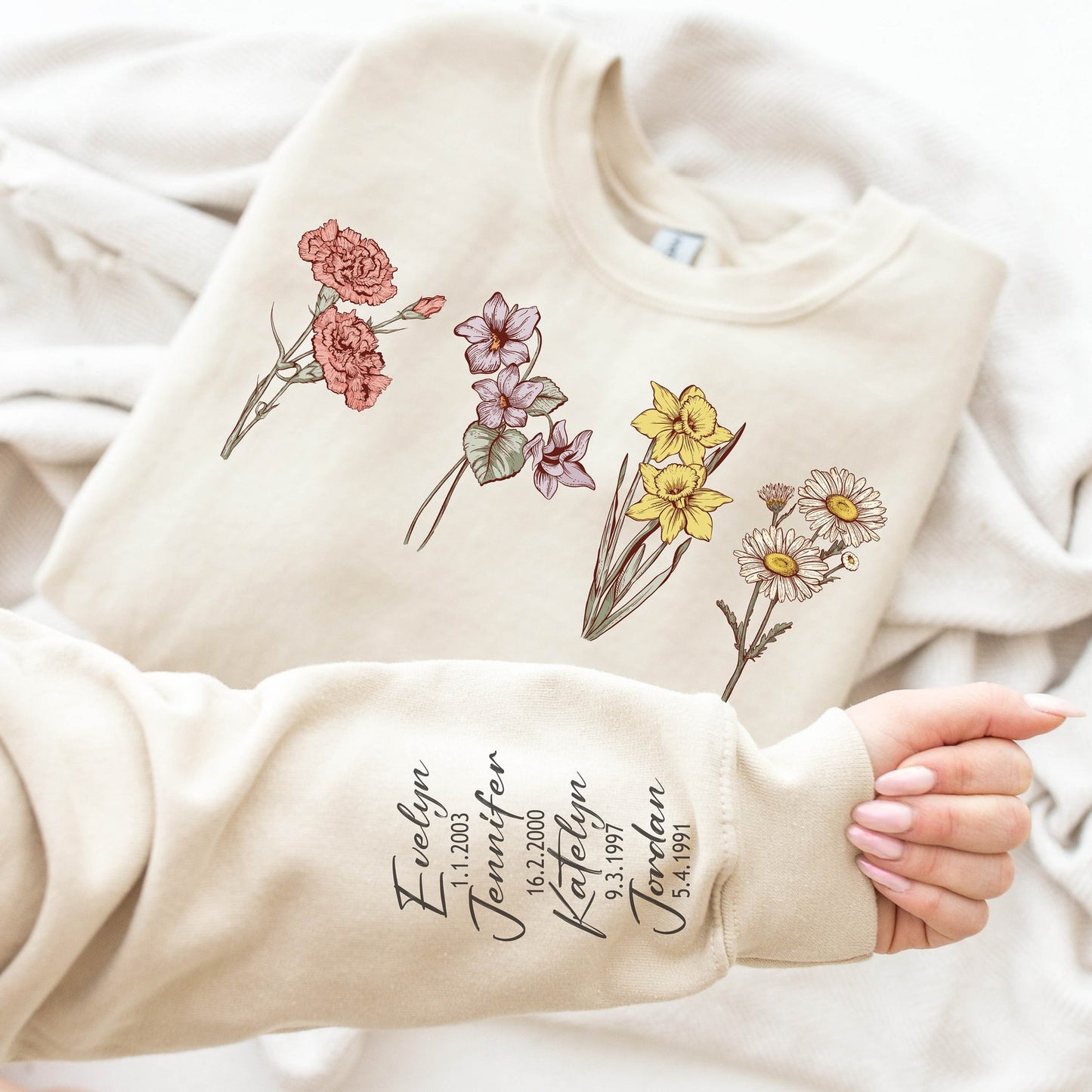 Custom Floral Name Sweatshirt – Thoughtful Mom Gift with Kids' Flowers