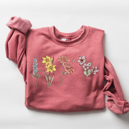 Custom Birth Flower Sweatshirt with Name – Personalized Floral Gift for Her
