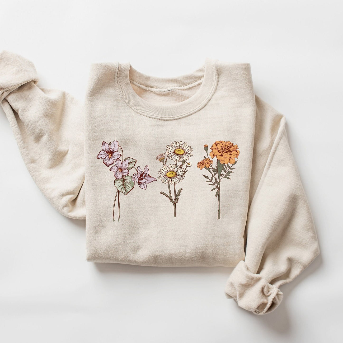Custom Birth Flower Sweatshirt with Name – Personalized Floral Gift for Her