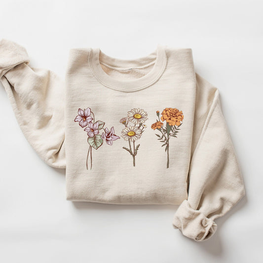 Custom Birth Flower Sweatshirt with Name – Personalized Floral Gift for Her
