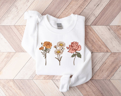 Custom Birth Flower Sweatshirt with Name – Personalized Floral Gift for Her