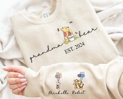 Custom Grandma Bear Sweatshirt and Hoodie, Grandma Est with Grandkids Name on Sleeve Sweatshirt, Grandma Mama Mimi Sweatshirt, Gifts Grandma