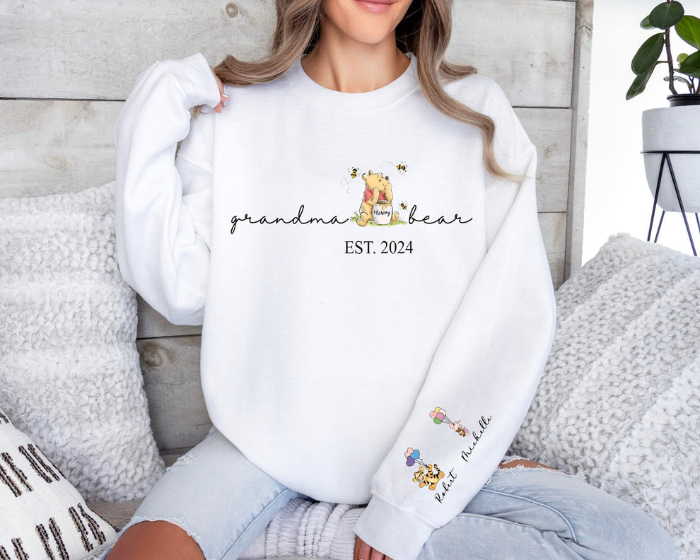Custom Grandma Bear Sweatshirt and Hoodie, Grandma Est with Grandkids Name on Sleeve Sweatshirt, Grandma Mama Mimi Sweatshirt, Gifts Grandma