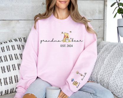 Custom Grandma Bear Sweatshirt and Hoodie, Grandma Est with Grandkids Name on Sleeve Sweatshirt, Grandma Mama Mimi Sweatshirt, Gifts Grandma