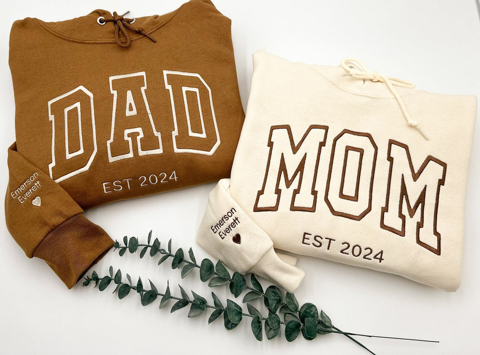 DAD MOM Embroidered Sweatshirt or Hoodie, Name on Sleeve with Heart, Dada Mama Crewneck, Gift for Papa Mama, New Papa Mama, Daddy Est Year