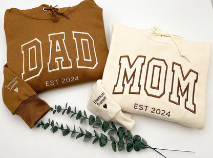 DAD MOM Embroidered Sweatshirt or Hoodie, Name on Sleeve with Heart, Dada Mama Crewneck, Gift for Papa Mama, New Papa Mama, Daddy Est Year