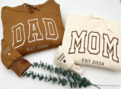 DAD MOM Embroidered Sweatshirt or Hoodie, Name on Sleeve with Heart, Dada Mama Crewneck, Gift for Papa Mama, New Papa Mama, Daddy Est Year