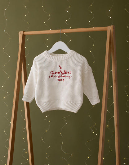 My First Christmas Embroidered Baby Jumper - Personalized Knitted Keepsake Romper