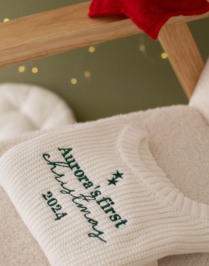 My First Christmas Embroidered Baby Jumper - Personalized Knitted Keepsake Romper