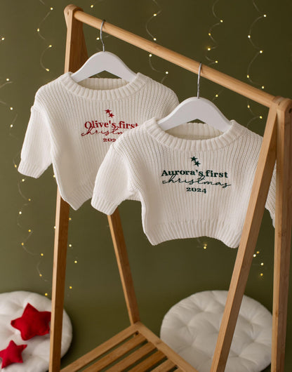 My First Christmas Embroidered Baby Jumper - Personalized Knitted Keepsake Romper