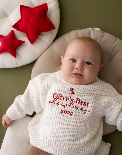 My First Christmas Embroidered Baby Jumper - Personalized Knitted Keepsake Romper