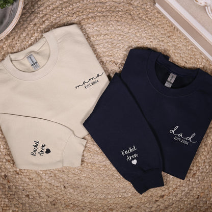 Custom Embroidered Mama & Dad Sweatshirt, Personalized Matching Mom Dad Hoodie With Names On Sleeve, Baby Shower Outfit, New Mom Dad Gifts