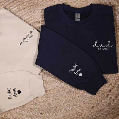 Custom Embroidered Mama & Dad Sweatshirt, Personalized Matching Mom Dad Hoodie With Names On Sleeve, Baby Shower Outfit, New Mom Dad Gifts