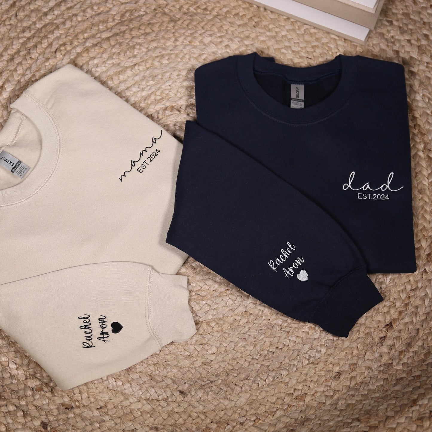Custom Embroidered Mama & Dad Sweatshirt, Personalized Matching Mom Dad Hoodie With Names On Sleeve, Baby Shower Outfit, New Mom Dad Gifts