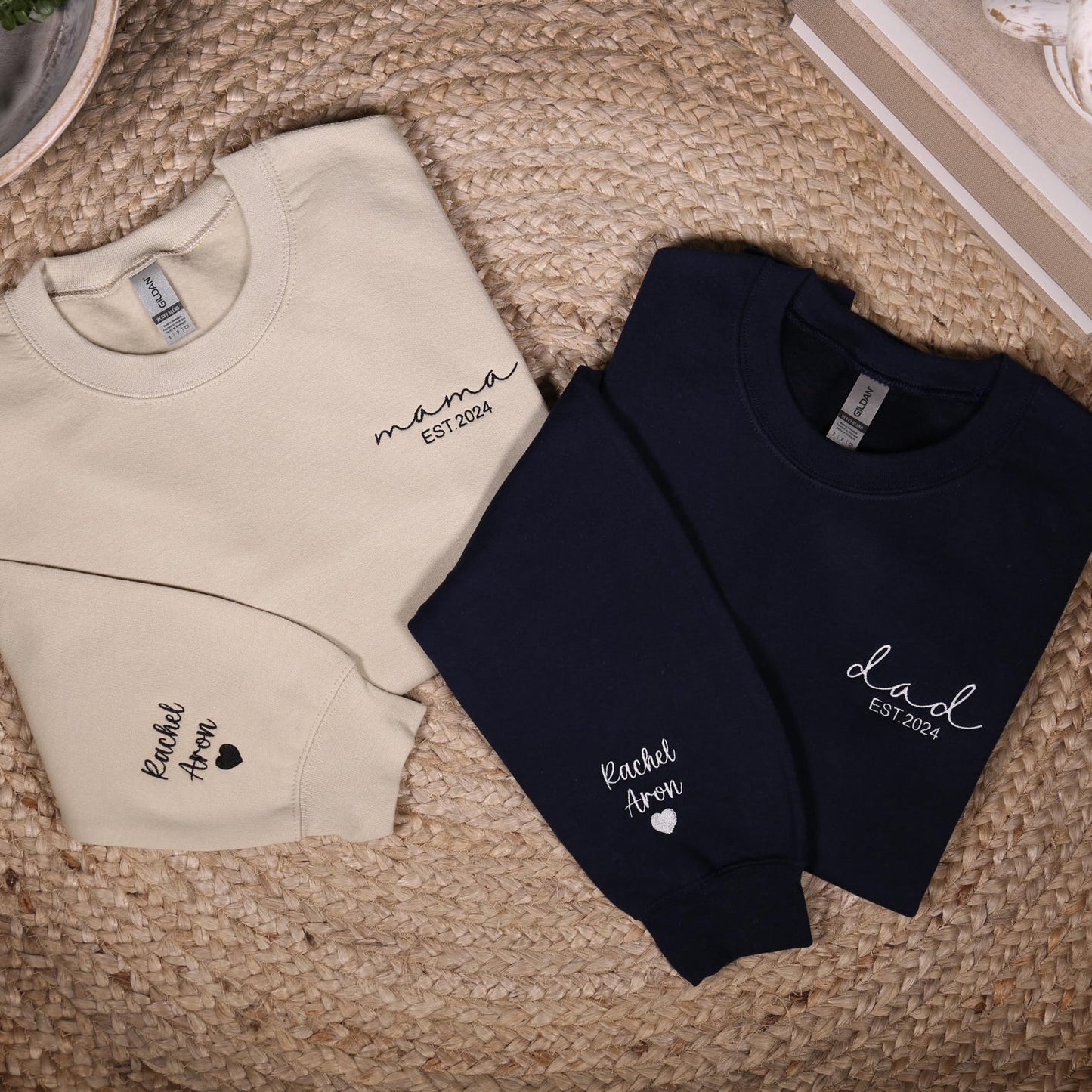 Custom Embroidered Mama & Dad Sweatshirt, Personalized Matching Mom Dad Hoodie With Names On Sleeve, Baby Shower Outfit, New Mom Dad Gifts