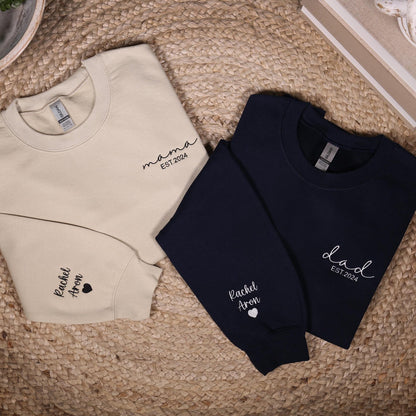 Custom Embroidered Mama & Dad Sweatshirt, Personalized Matching Mom Dad Hoodie With Names On Sleeve, Baby Shower Outfit, New Mom Dad Gifts
