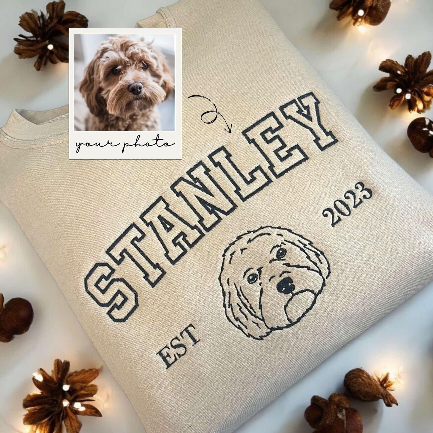 Personalized Dog Hoodie with Embroidered Name, Custom Pet Face Sweatshirt from Photo, Varsity Style Dog Apparel, Perfect Gift for Pet Lovers
