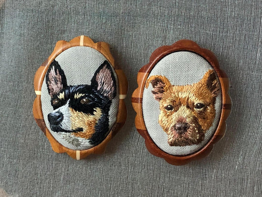 Made to order-Custom Hand embroidered Pet Portrait on hardwood brooch or necklace-Dog/Cat Portrait-gifts for pet lovers-Mother's day gift