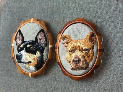 Made to order-Custom Hand embroidered Pet Portrait on hardwood brooch or necklace-Dog/Cat Portrait-gifts for pet lovers-Mother's day gift