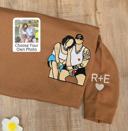 Personalized Matching Hoodies with Embroidered Portraits, Custom Couple Photo Sweatshirt