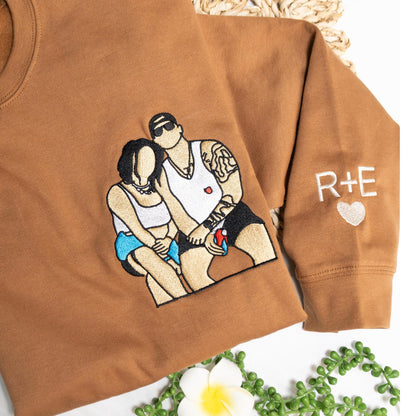 Personalized Matching Hoodies with Embroidered Portraits, Custom Couple Photo Sweatshirt