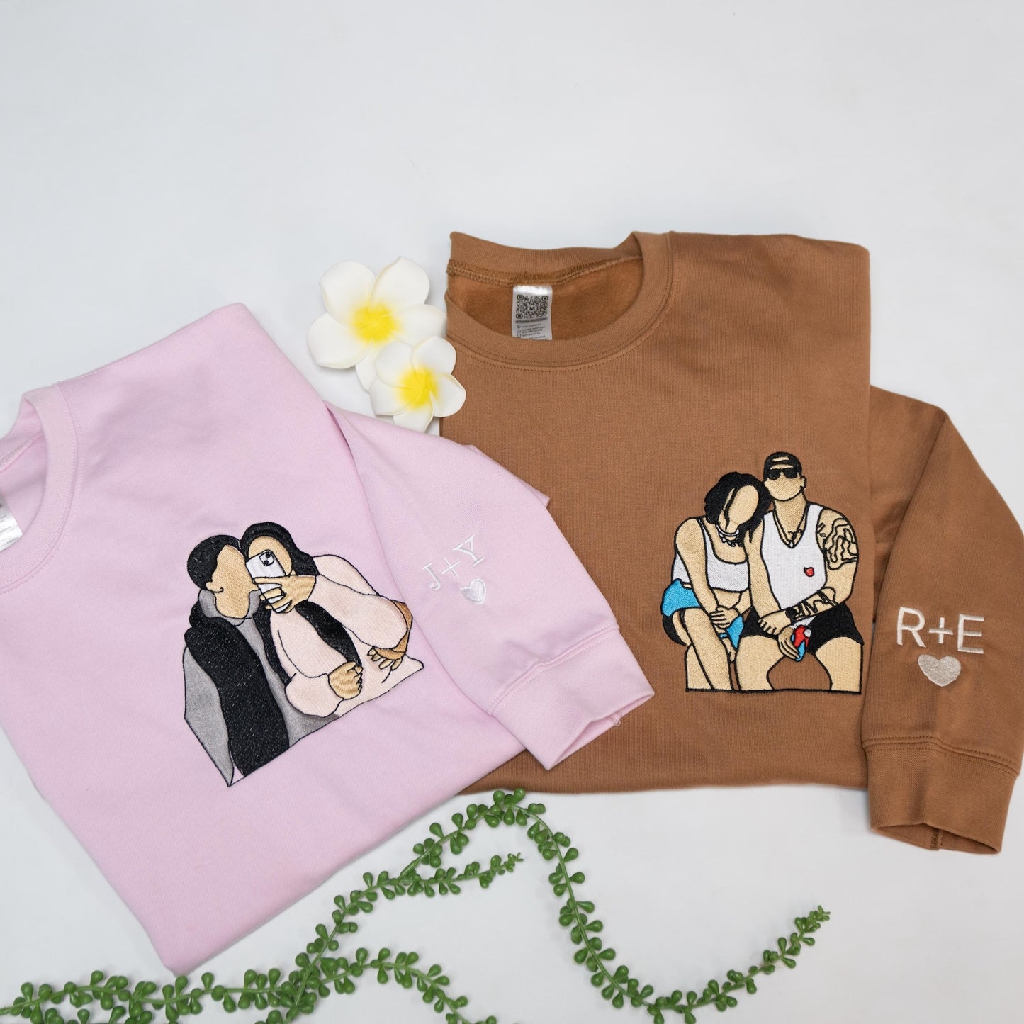 Personalized Matching Hoodies with Embroidered Portraits, Custom Couple Photo Sweatshirt