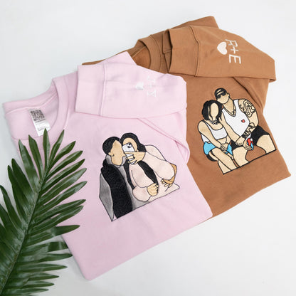 Personalized Matching Hoodies with Embroidered Portraits, Custom Couple Photo Sweatshirt