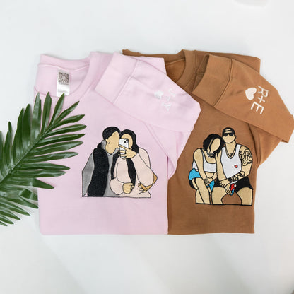 Personalized Matching Hoodies with Embroidered Portraits, Custom Couple Photo Sweatshirt