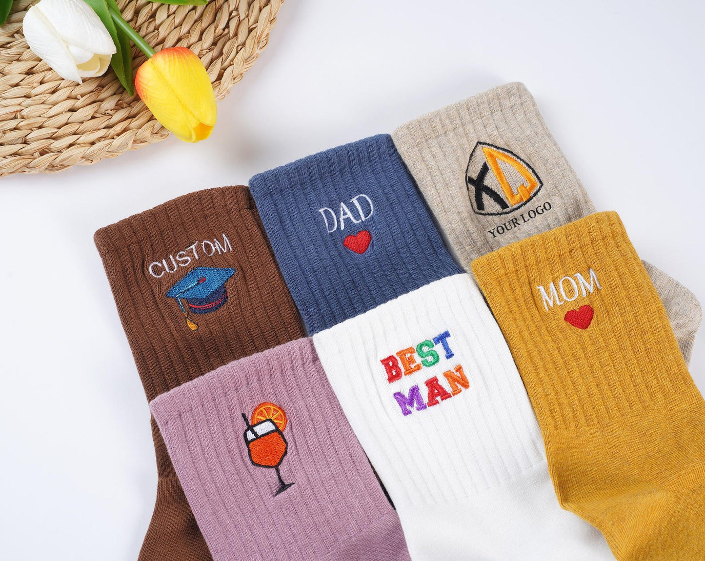 Custom Vintage socks ,Embroidered Socks. Unisex Cotton Socks With Personalized Text Logo,Mom Dad Socks, Party Favors Gift, Family Gift.