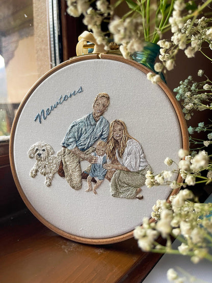Custom embroidery family and dog hoop, family embroidery design, pet embroidery, custom dog portrait, family gift, hand embroidery portrait