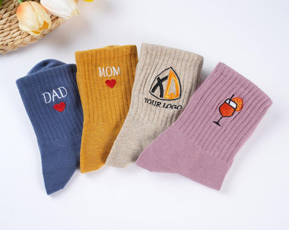 Custom Vintage socks ,Embroidered Socks. Unisex Cotton Socks With Personalized Text Logo,Mom Dad Socks, Party Favors Gift, Family Gift.