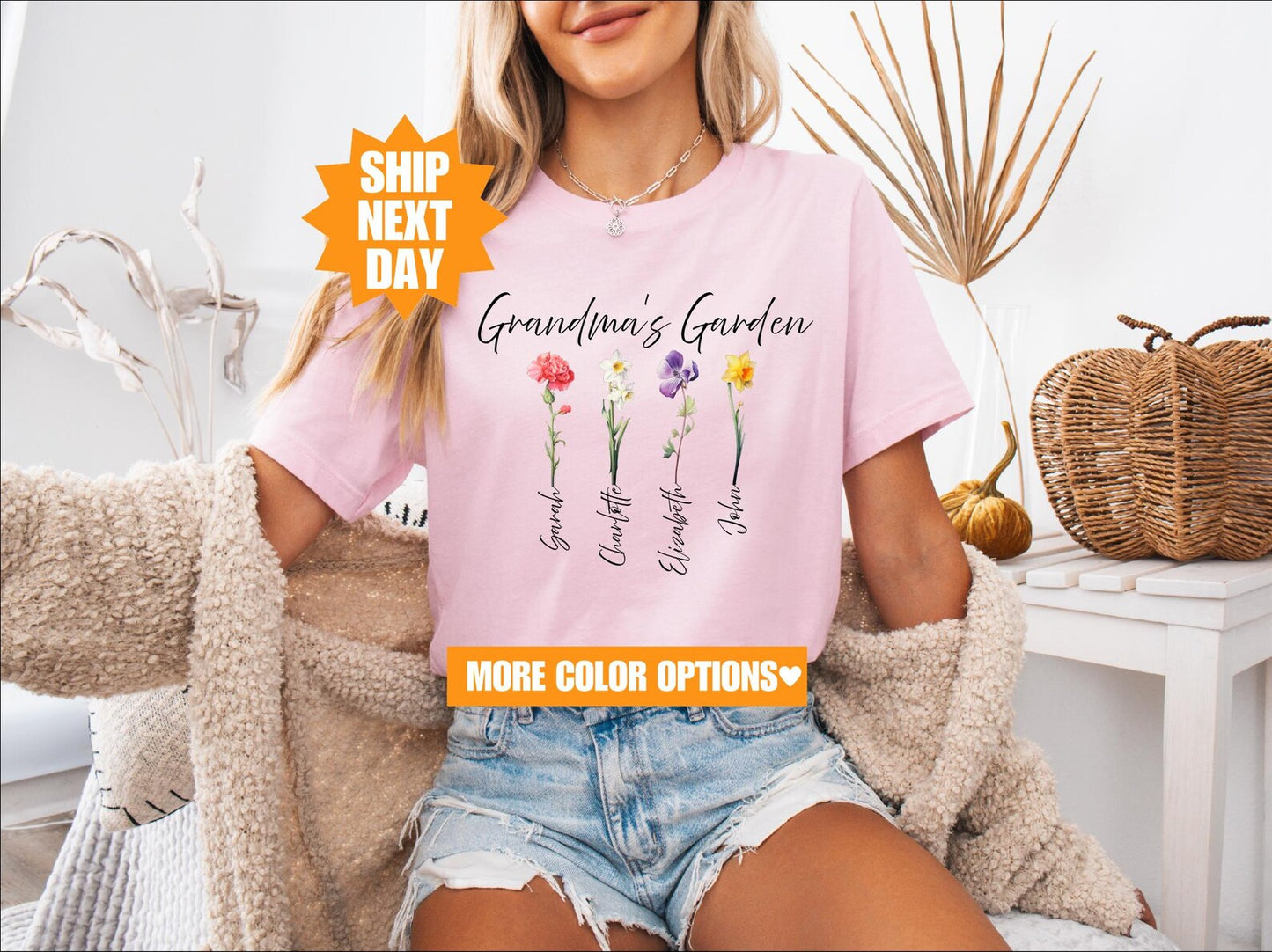 Custom Grandma Gift Shirt – Birth Flower Names of Grandkids Included