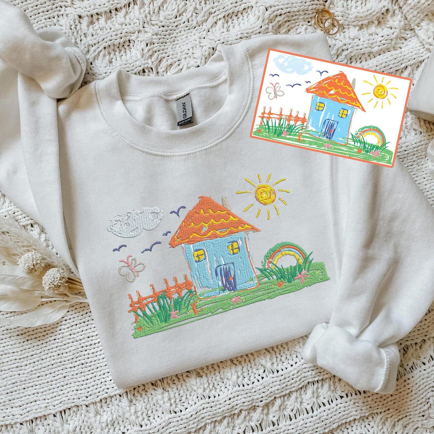 Custom Embroidered Family Portrait Sweatshirt - Personalized Kids' Drawing to Wearable Gift for Mom, Dad, Grandma - Outline Crewneck Hoodie