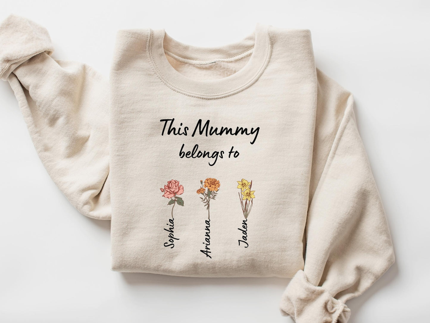 Custom Mom Sweatshirt – Birth Flower Names of Kids Printed