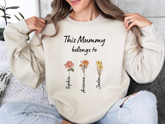 Custom Mom Sweatshirt – Birth Flower Names of Kids Printed