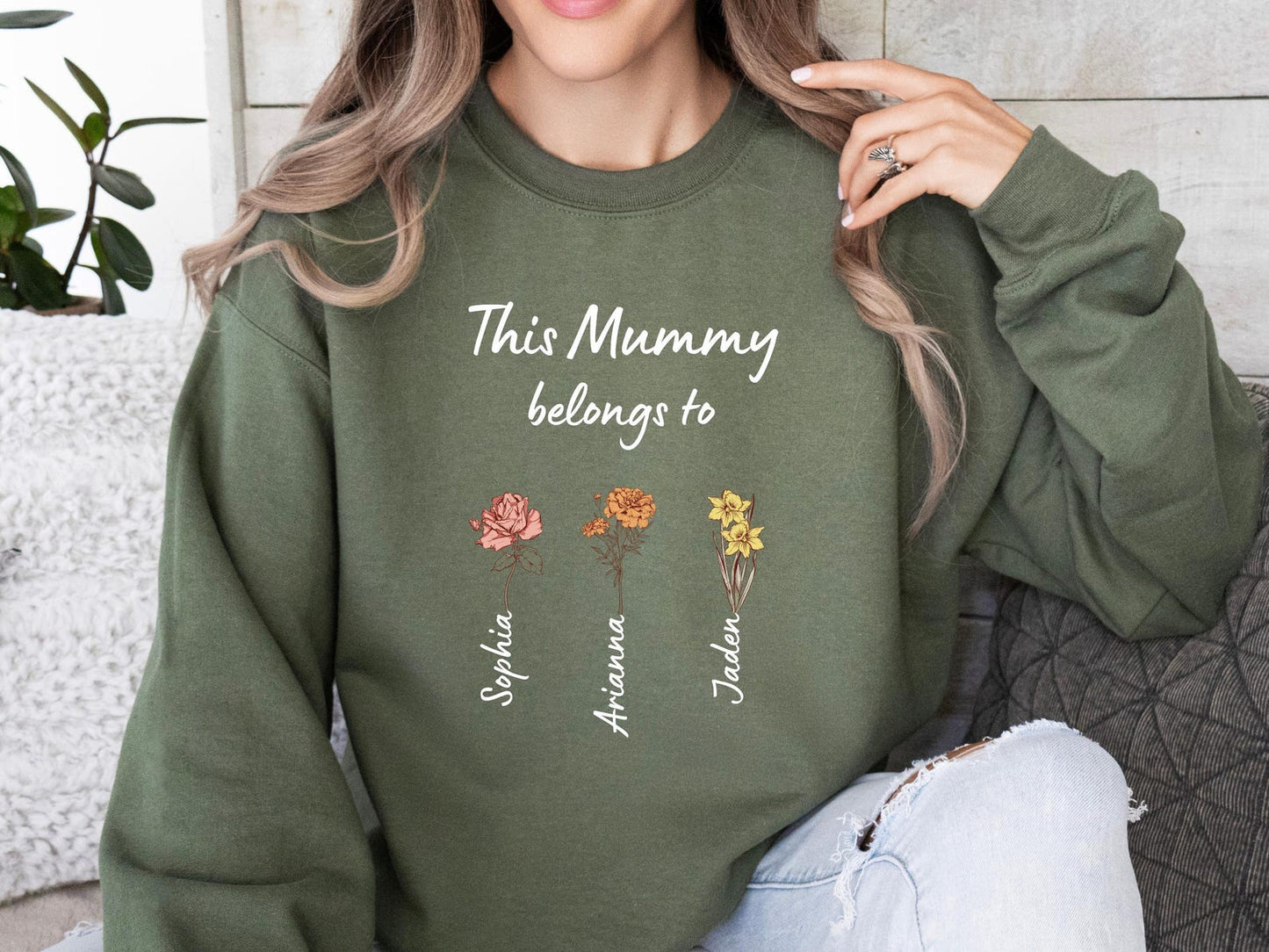 Custom Mom Sweatshirt – Birth Flower Names of Kids Printed