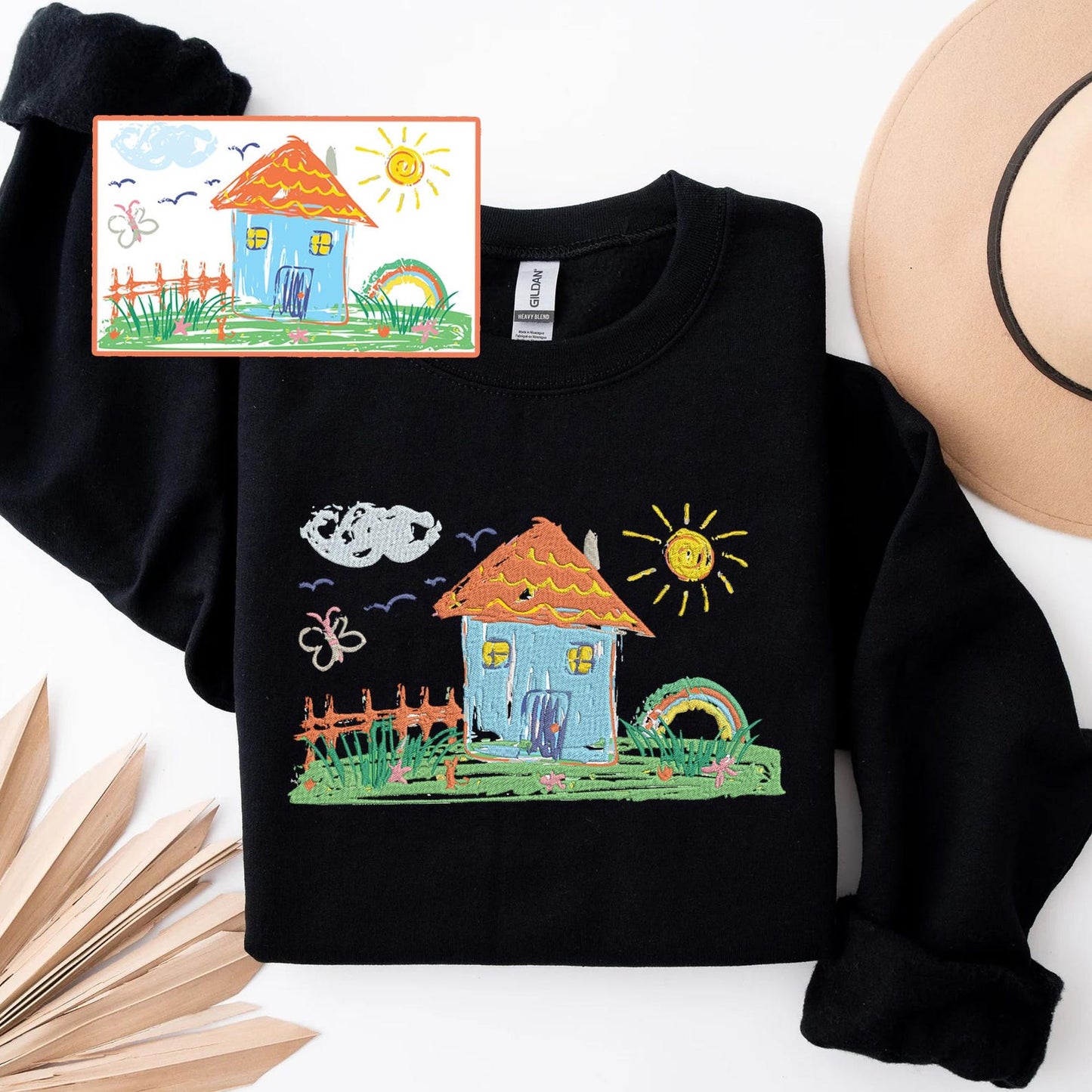 Custom Embroidered Family Portrait Sweatshirt - Personalized Kids' Drawing to Wearable Gift for Mom, Dad, Grandma - Outline Crewneck Hoodie