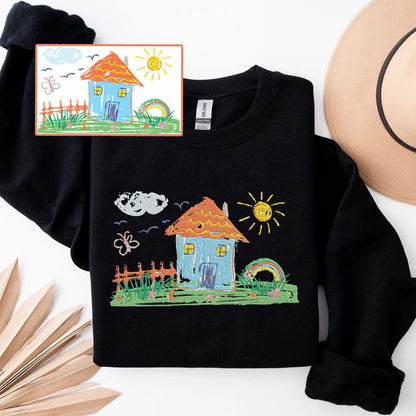 Custom Embroidered Family Portrait Sweatshirt - Personalized Kids' Drawing to Wearable Gift for Mom, Dad, Grandma - Outline Crewneck Hoodie