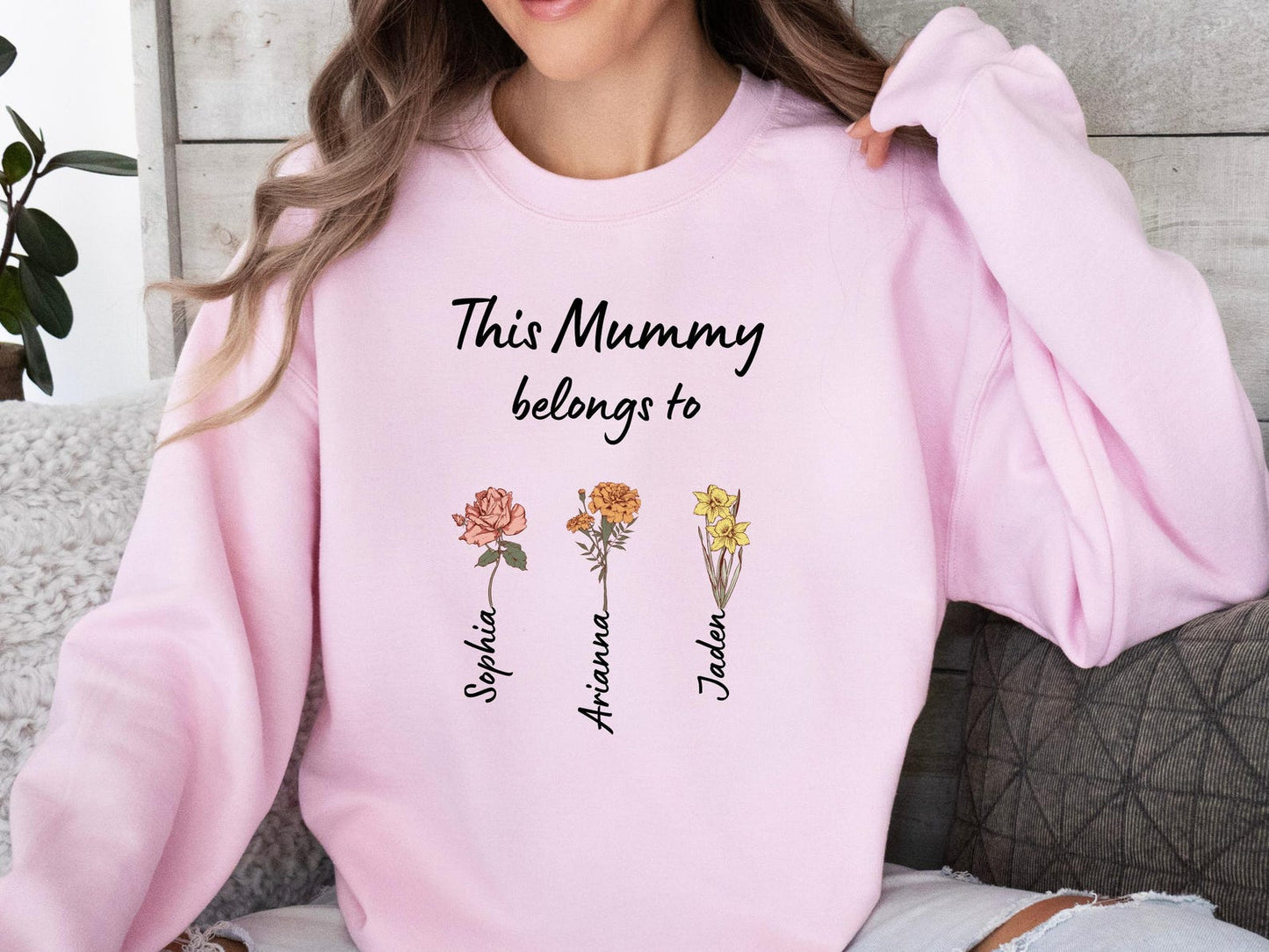 Custom Mom Sweatshirt – Birth Flower Names of Kids Printed