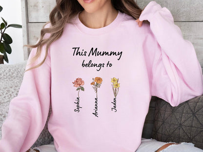 Custom Mom Sweatshirt – Birth Flower Names of Kids Printed